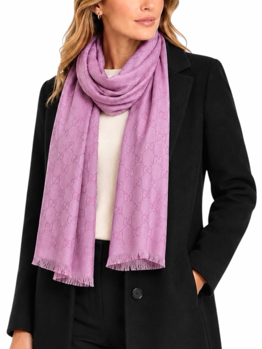 Gucci Wool Silk GG Monogram Light Jacquard Scarf Light Pink 18"x70"
